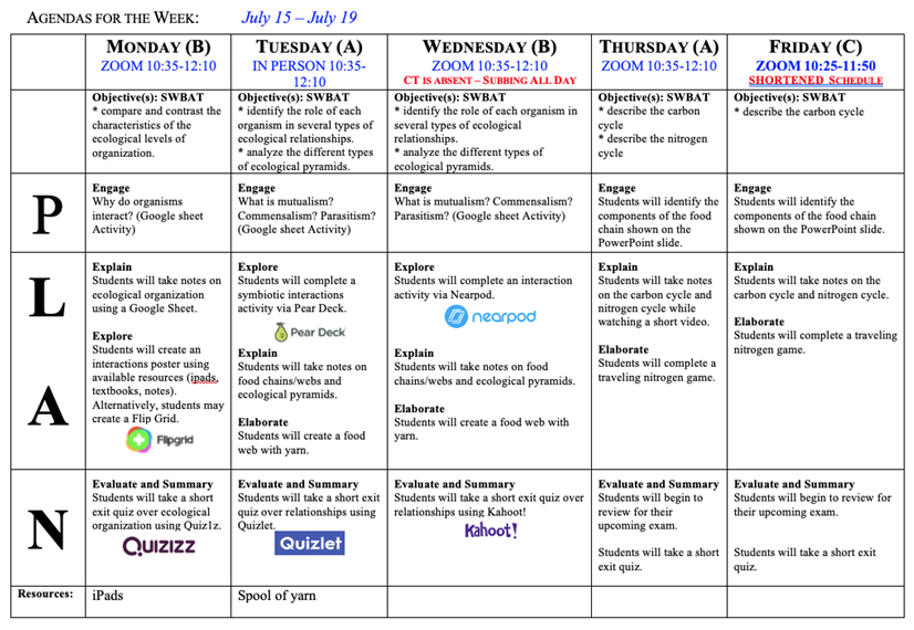 weekly lesson plan summary image